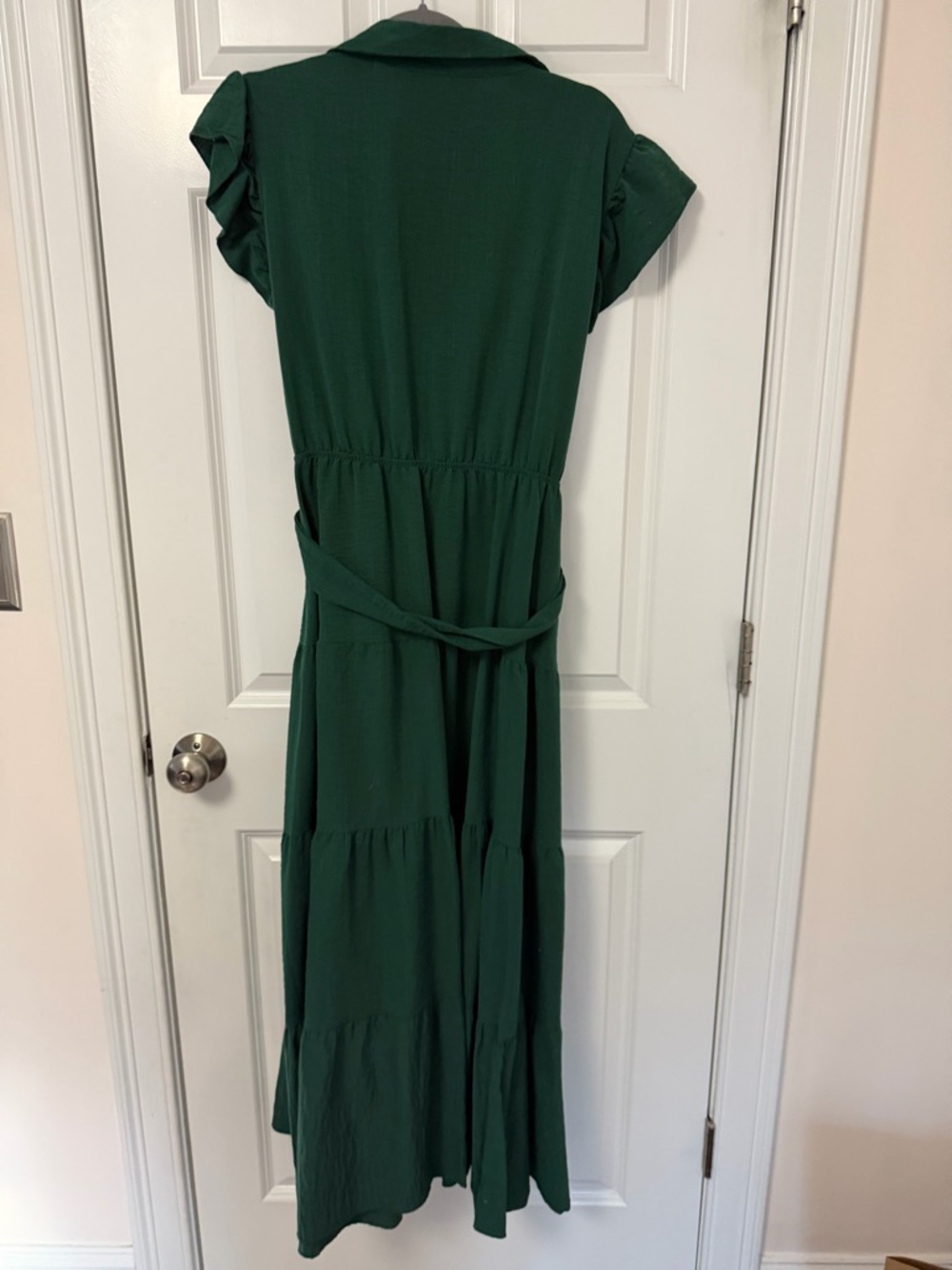 Dark Green Tiered Midi Dress with Waist Tie - Picture 5 of 5